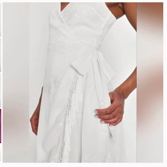 lulu's | Fun Affair White Floral Embroidered Tassel Midi Wrap Dress - Picture 4 of 10